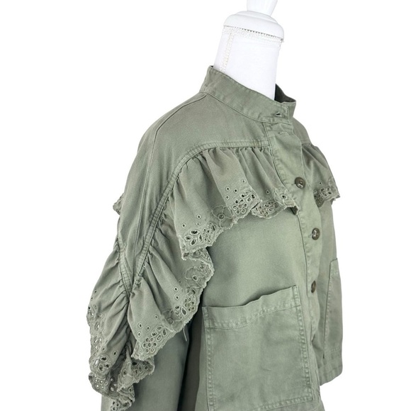 The Great eyelet army utility military jacket ruffle cropped olive green XS/0 - Picture 13 of 16